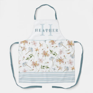 Tablier Aquarelle bleu poussiéreux Ressort floral monogram