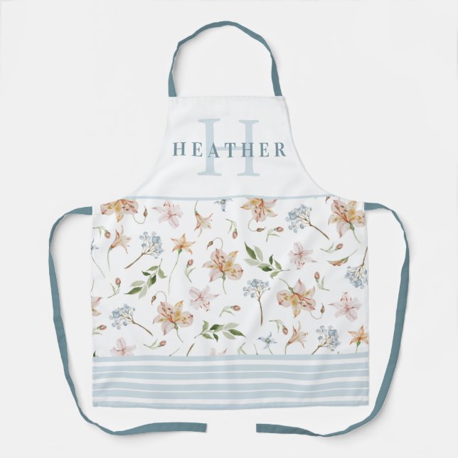 Tablier Aquarelle bleu poussiéreux Ressort floral monogram (Recto)