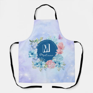 Tablier Aquarelle bleu violet moderne brillant Floral