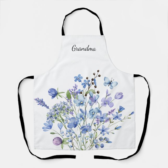 Tablier Aquarelle bleue Florale Nom de la grand-mère (Recto)