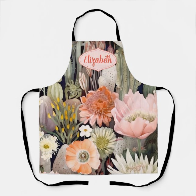 Tablier Aquarelle Boho Cactus Rose, Pêche, Vert (Recto)