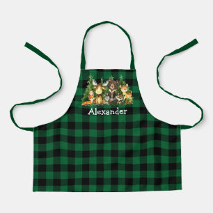 Tablier Aquarelle Bois Forêt Animaux Plaid Vert