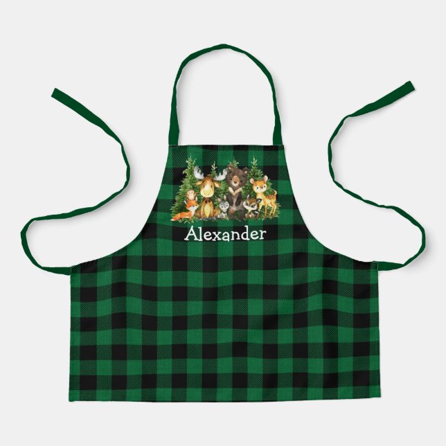 Tablier Aquarelle Bois Forêt Animaux Plaid Vert (Recto)