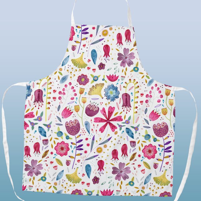 Tablier Aquarelle Botanique Fleur sauvage Art (Modern watercolor floral wildflower art apron in pink, purple and teal on a white background.)