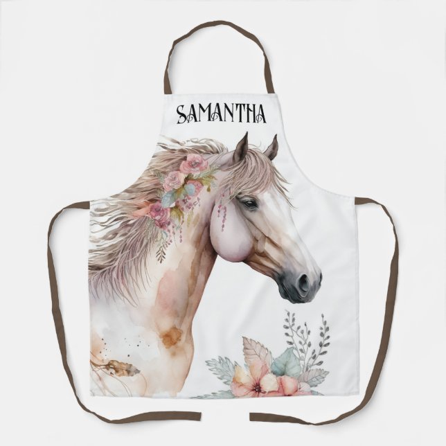 Tablier Aquarelle cheval tête boho fleurie nom de la chute (Recto)