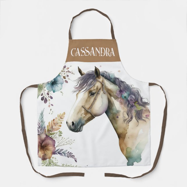 Tablier Aquarelle chevaux tête fleurs boho nom élégant (Recto)