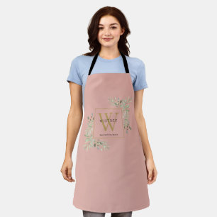 Tablier Aquarelle couleur rose vif Monogramme or noir
