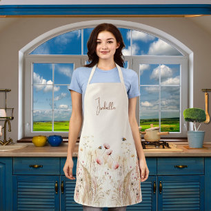 Tablier Aquarelle crème beige fleur sauvage rose boho