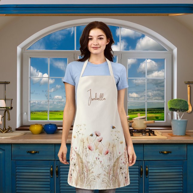 Tablier Aquarelle crème beige fleur sauvage rose boho (Créateur téléchargé)