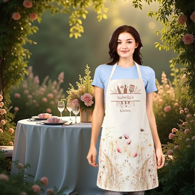 Tablier Aquarelle crème beige fleur sauvage rose boho (Créateur téléchargé)