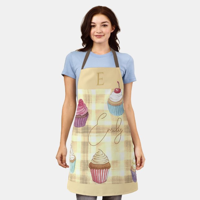 Tablier Aquarelle Cupcake Jaune Plaid Monogramme Baker (Porté)