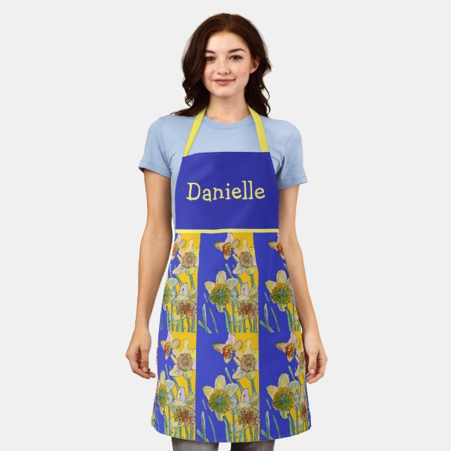 Tablier Aquarelle Daffodil Fleur Jaune Bleu Floral (Porté)