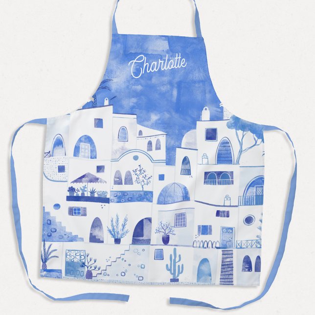 Tablier Aquarelle de Santorin personnalisée (Personalized name blue and white watercolor Santorini Greek Island art apron)