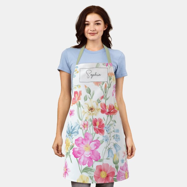 Tablier Aquarelle Fleur sauvage Boho élégant avec (Porté)