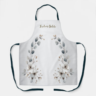 Tablier Aquarelle Fleurs blanches Cadre doré Argent Turquo