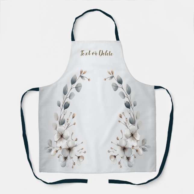 Tablier Aquarelle Fleurs blanches Cadre doré Argent Turquo (Recto)