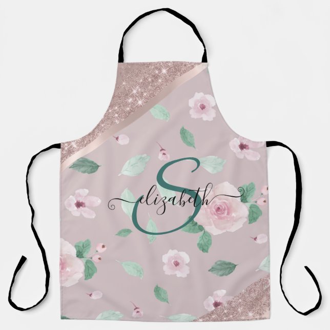 Tablier Aquarelle Fleurs Rose or Monogramme (Recto)