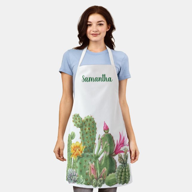 Tablier Aquarelle Floraison Cactus Succulent Monogramme Ap (Porté)