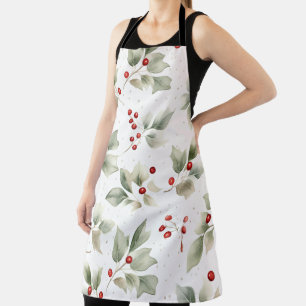 Tablier Aquarelle Green Holly et Red Berries