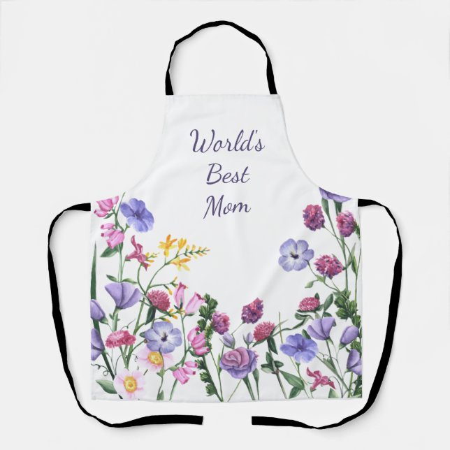 Tablier Aquarelle Jardin Fleurs Meilleure maman au monde (Recto)