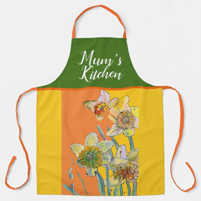 Tablier Aquarelle jonquille Jaune Orange Mums cuisine (Recto)