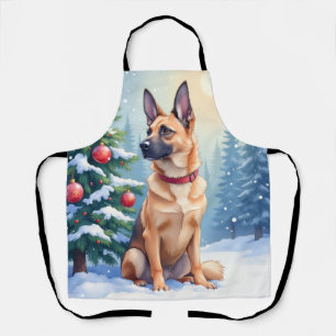Tablier Aquarelle Malinois belge Noël Evergreen
