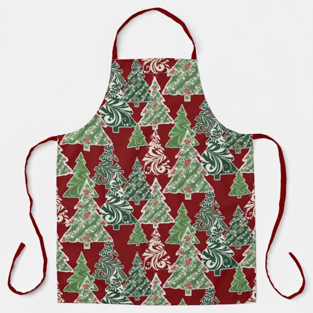 Tablier Aquarelle moderne Arbre de Noël Rouge Vert Motif (Recto)