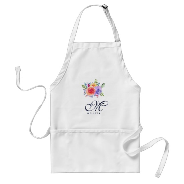 Tablier Aquarelle moderne Rose Bouquet Floral Monogramme (Devant)