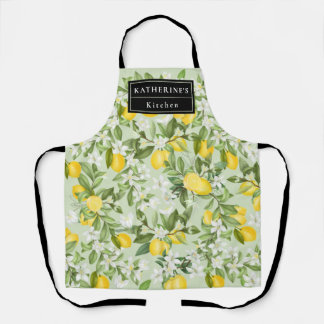 Tablier Aquarelle monochrome citrons jaunes Florales blanc