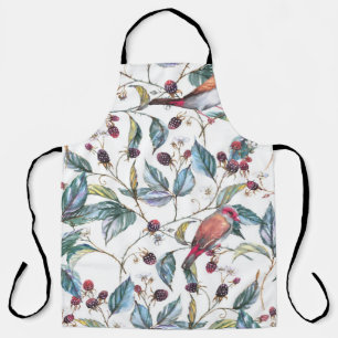 Tablier Aquarelle naturelle motif : mûres, oiseaux, f