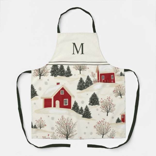 Tablier Aquarelle Noël Hiver Monogramme Apron (Recto)