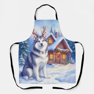 Tablier Aquarelle Noël Malamute d'Alaska Renne