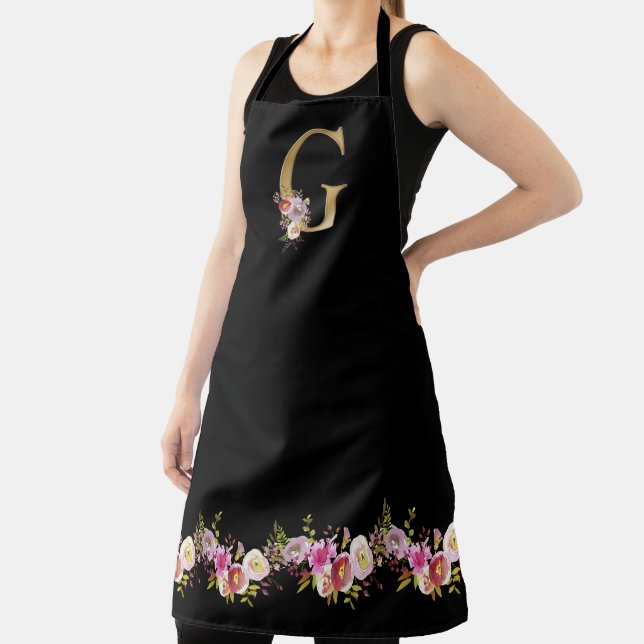 Tablier Aquarelle noire rose Monogramme d'or floral G (Insitu)