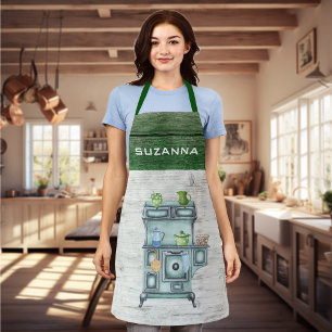 Tablier Aquarelle Pays Cuisine Vert Nom personnalisé