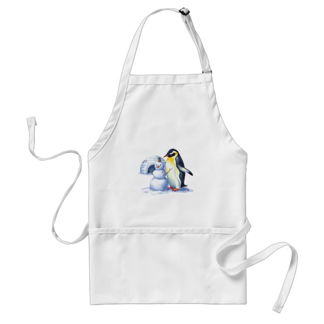 Tablier Aquarelle Penguin construire des bonhomme de neige (Devant)