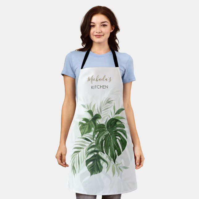 Tablier Aquarelle personnalisée Vert Feuille tropical (Porté)