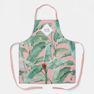 Tablier Aquarelle rose banane tropicale Feuilles Monogramm