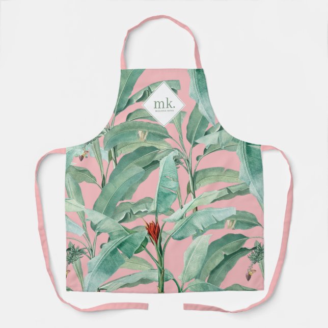 Tablier Aquarelle rose banane tropicale Feuilles Monogramm (Recto)