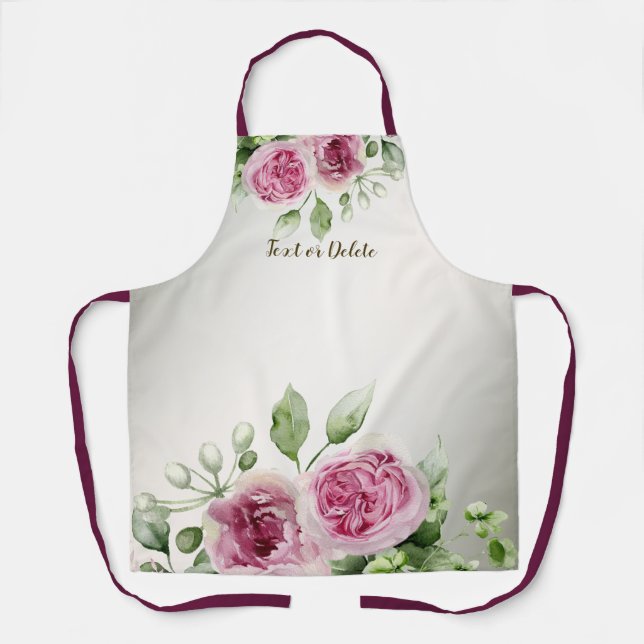 Tablier Aquarelle rose cadre floral brillant Bronze élégan (Recto)