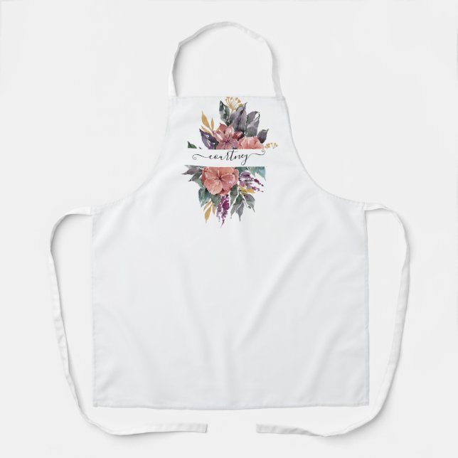 Tablier Aquarelle rose et violet florale personnalisée (Recto)
