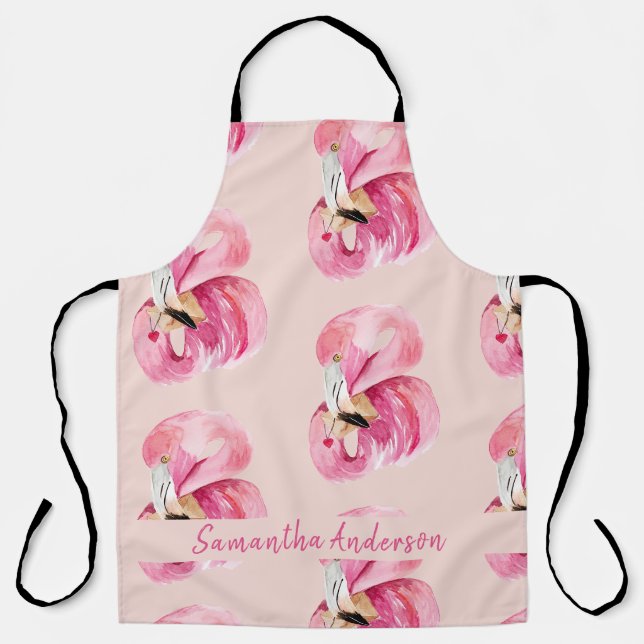 Tablier Aquarelle rose exotique Flamingo Motif et nom (Recto)