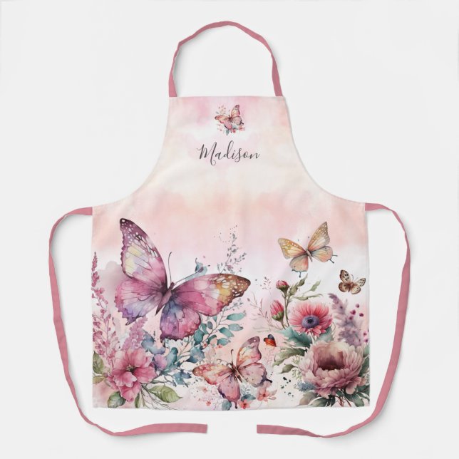 Tablier Aquarelle rose moderne Papillon Fleur sauvage (Recto)