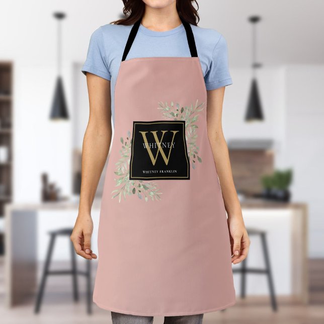 Tablier Aquarelle rose pâle Vert Noir Or Monogramme (Blush Pink Watercolor Greenery Black Gold Monogram Apron)