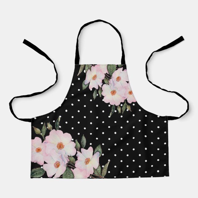 Tablier Aquarelle rose Roses blanches Noir Blanc Pois (Recto)