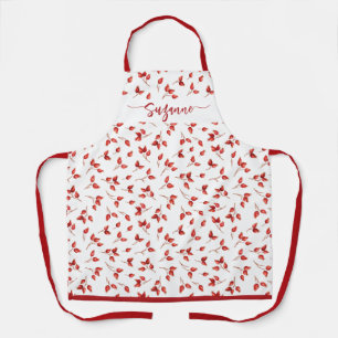 Tablier Aquarelle Rosehips Motif de chalet rouge et blanc.