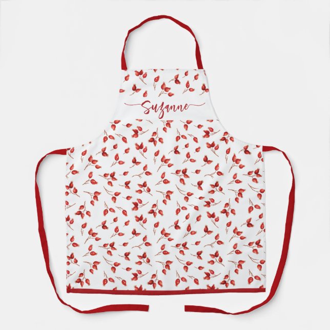 Tablier Aquarelle Rosehips Motif de chalet rouge et blanc. (Recto)
