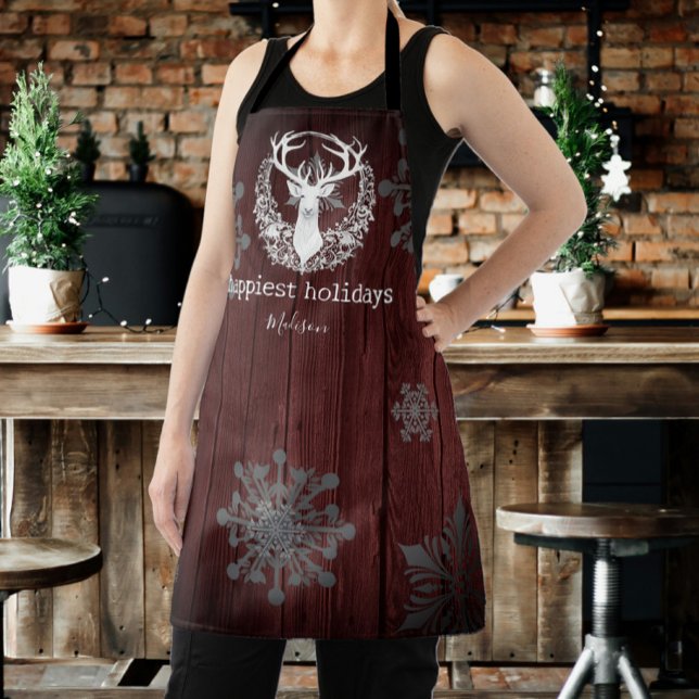 Tablier Aquarelle rustique Rinder blanc Personnalisé Rouge (Red Rustic Watercolor White Reindeer Personalized Apron)