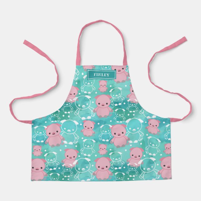 Tablier Aquarelle Turquoise des cochons roses Nom du Motif (Recto)