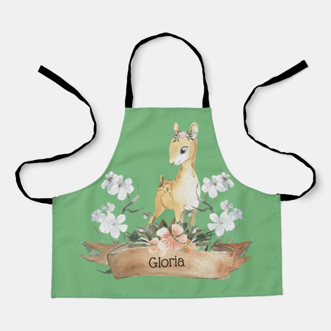 Tablier Aquarelle Woodland Baby Fawn Nom personnalisé (Recto)