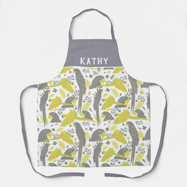 Tablier Ara Parrot Jaune Gris Tropical Motif de feuille (Recto)
